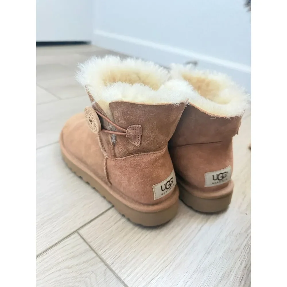 UGG Women's Mini Bailey Button II Chestnut Suede Shearling Boots